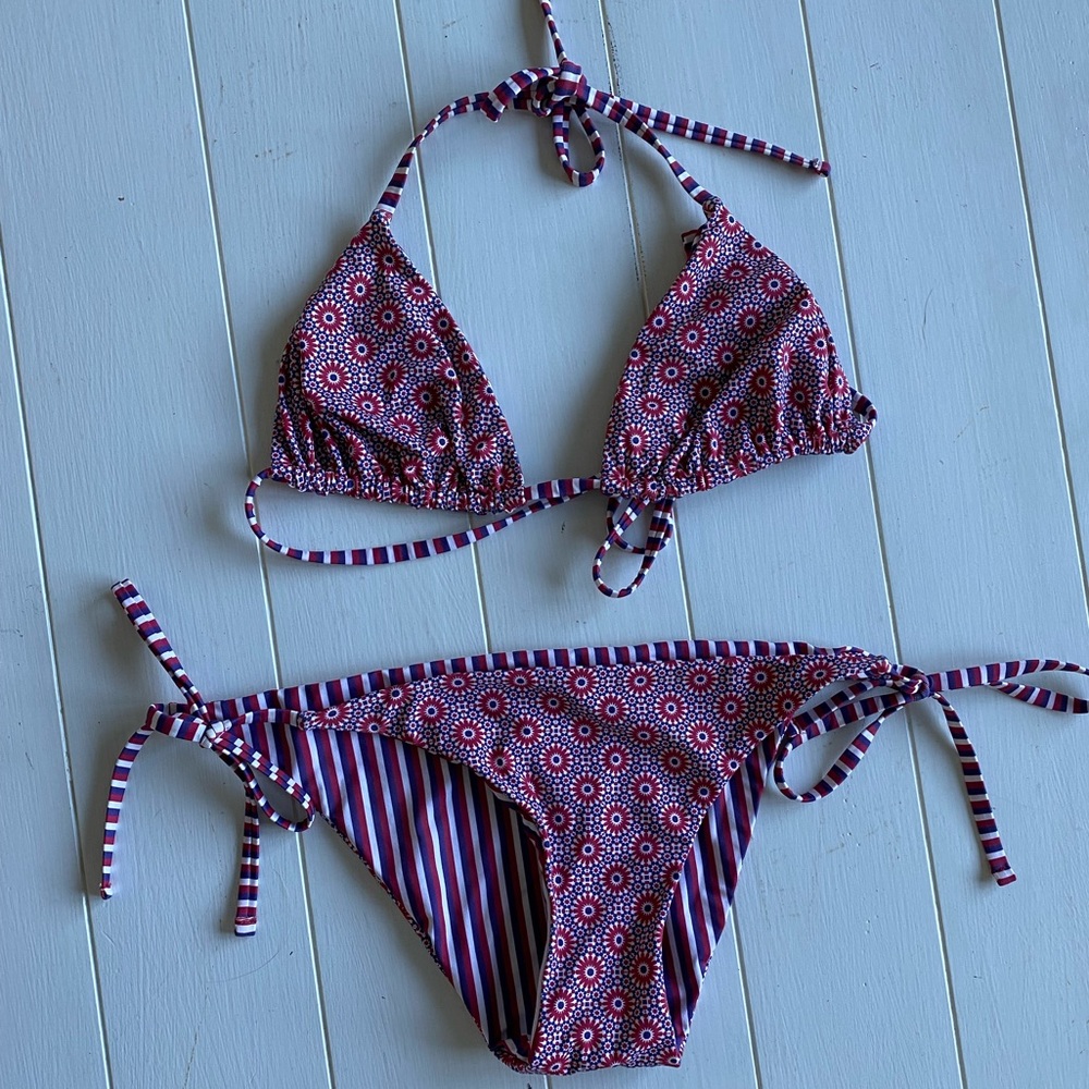 SOLID & STRIPED RED WHITE BLUE REVERSIBLE BIKINI